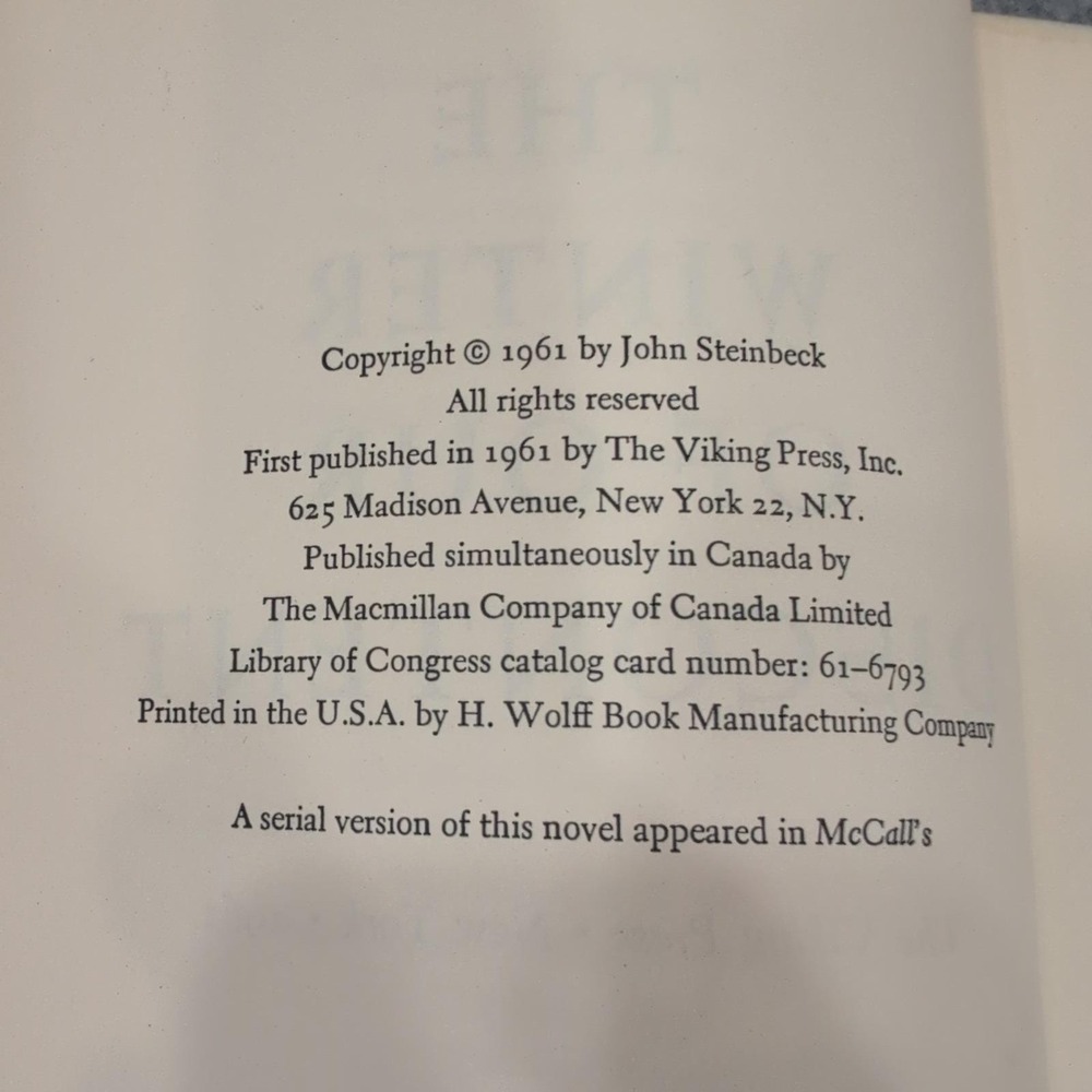 The Winter of Our Discontent John Steinbeck 1961 First Edition Viking Press HC - Picture 5 of 5